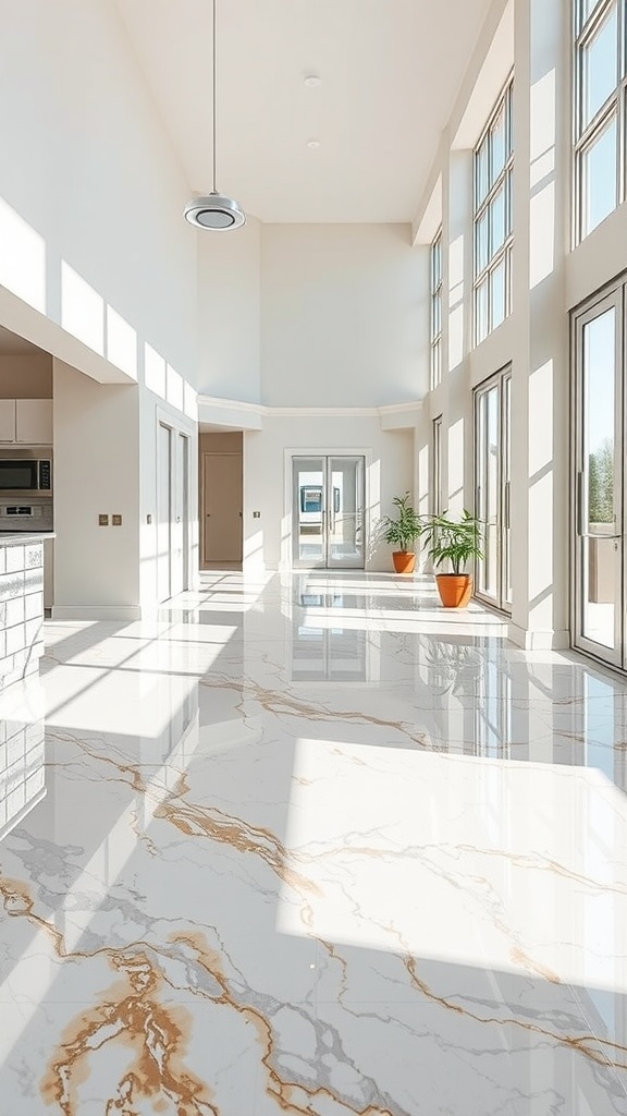 A bright room with marble epoxy flooring, showcasing the reflective surface and natural light from large windows.