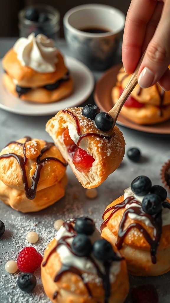 Vanilla bean cream puff pastries with berries and chocolate drizzle.