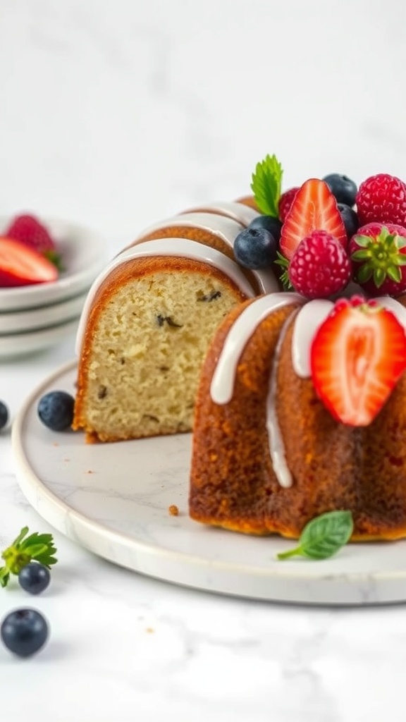 A beautifully baked vanilla bean pound cake with berries on top.