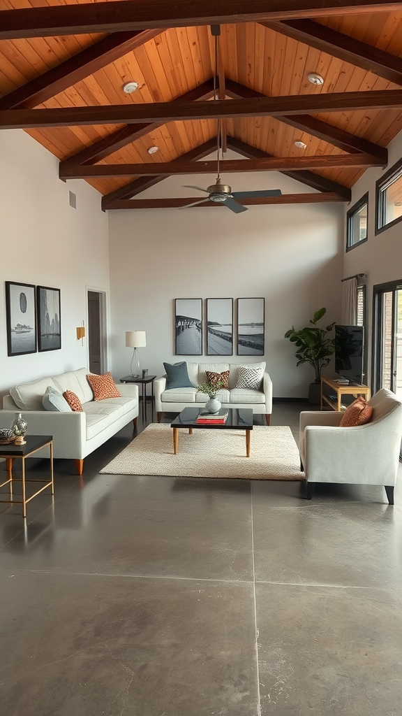 A modern living room with a sleek epoxy floor, showcasing various finishes and decor elements.