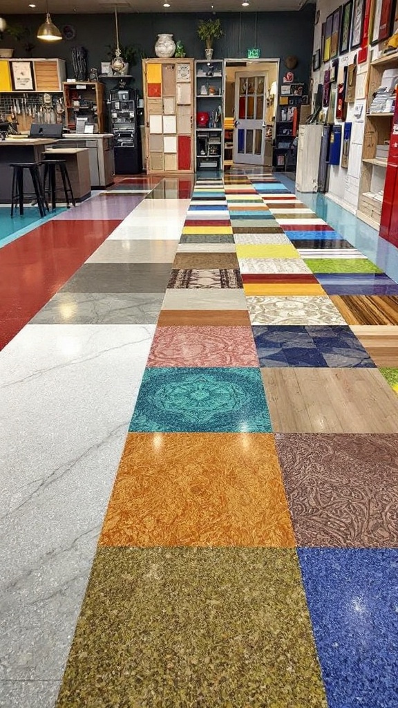 Colorful display of various flooring tiles in a showroom