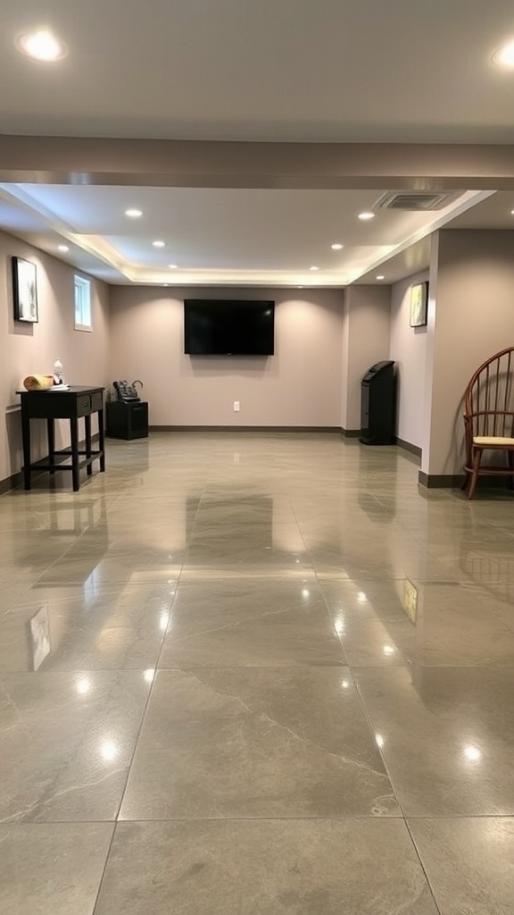 A display of various epoxy flooring samples showcasing different colors and finishes.
