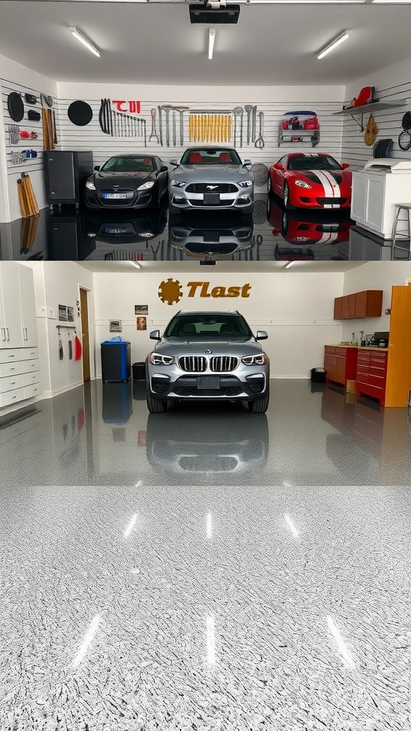 A display of various styles and colors of epoxy flooring samples.