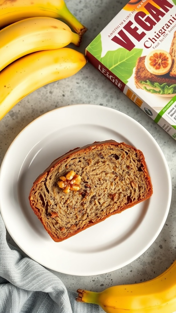 A slice of vegan banana bread on a white plate next to bananas.