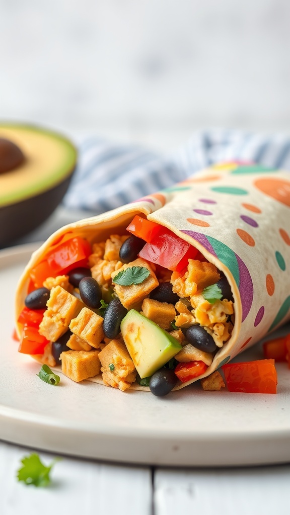 Vegan Breakfast Burrito wrapped with tofu and colorful vegetables