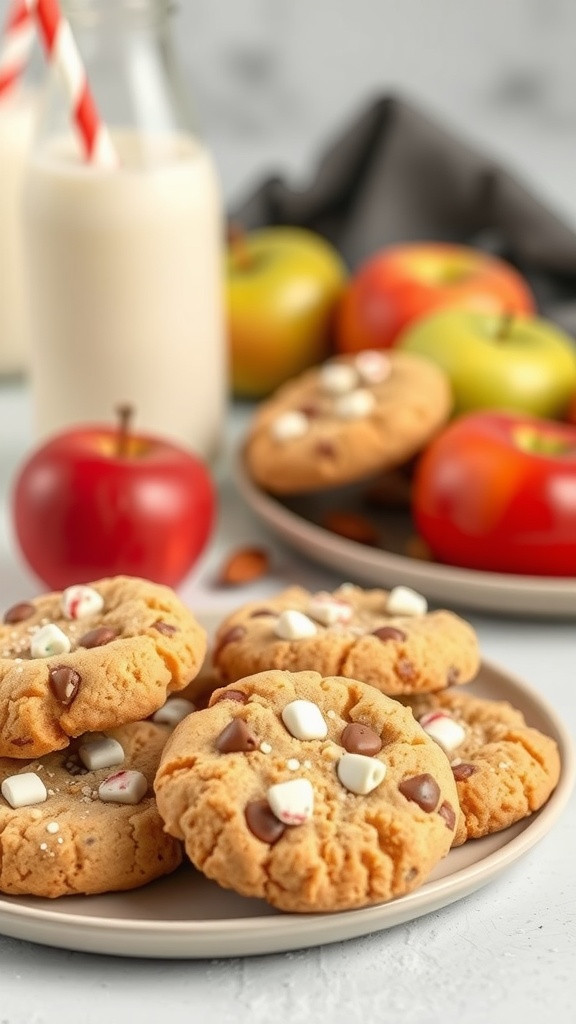 Delicious vegan candy apple cookies on a plate, surrounded by fresh apples and a glass of milk.