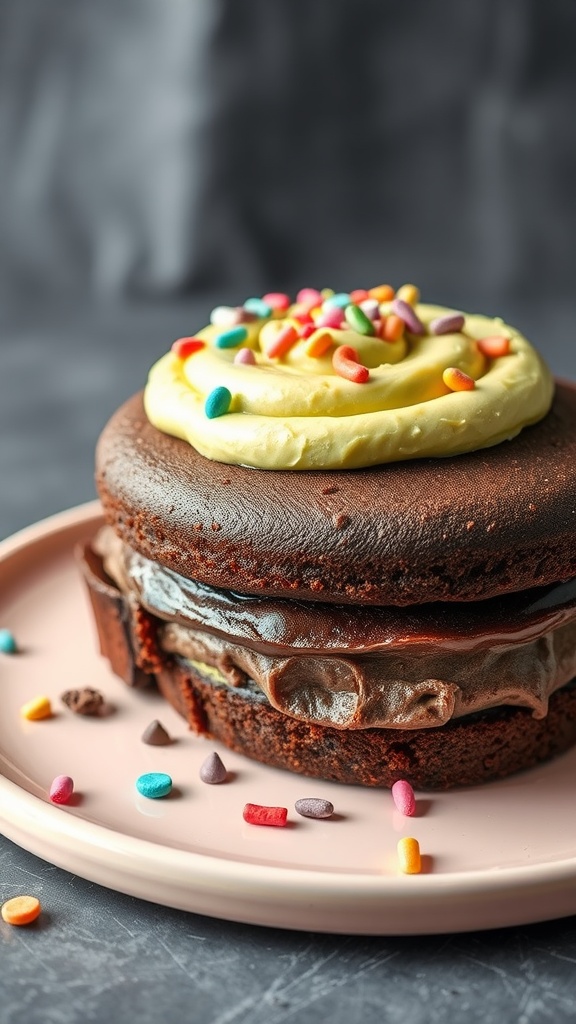 A delicious vegan chocolate cake with avocado frosting and colorful sprinkles