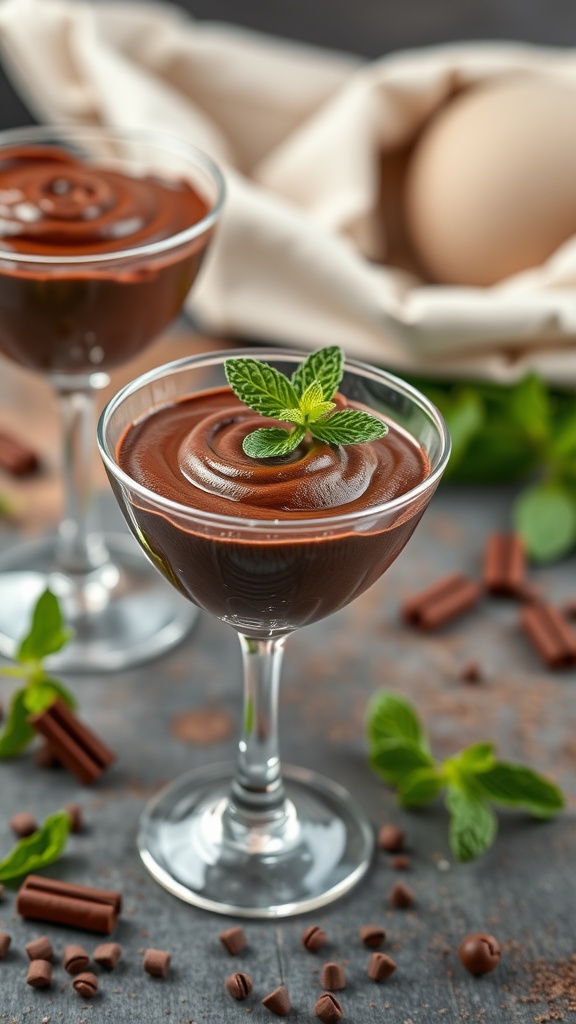 Vegan chocolate mousse served in glass cups with mint garnish.