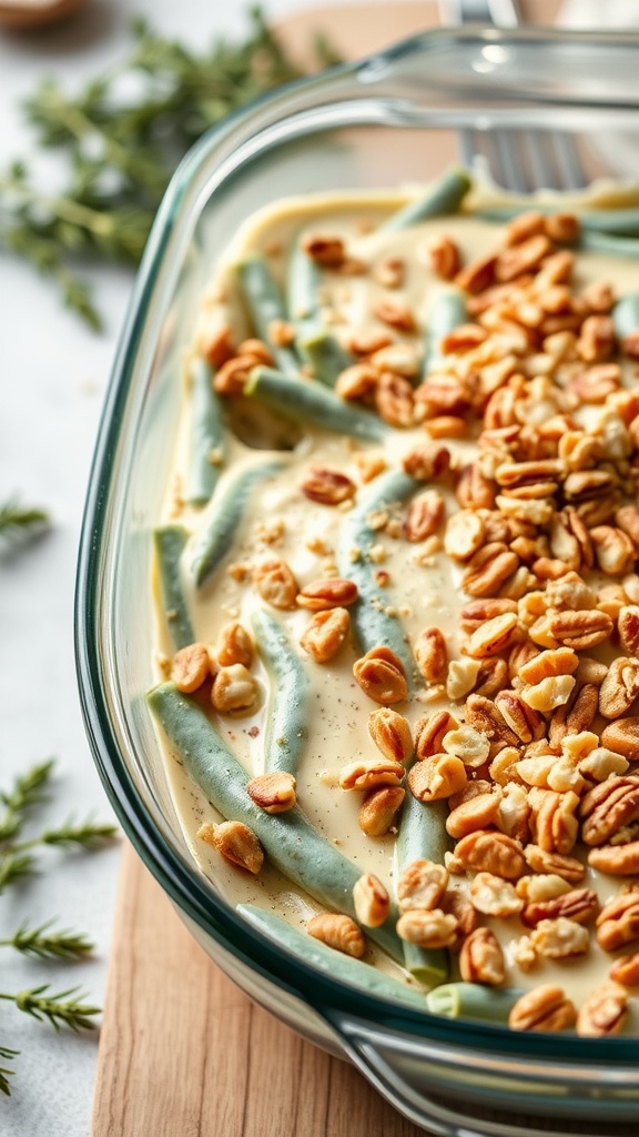 A delicious vegan green bean casserole topped with crispy nuts and surrounded by fresh herbs.