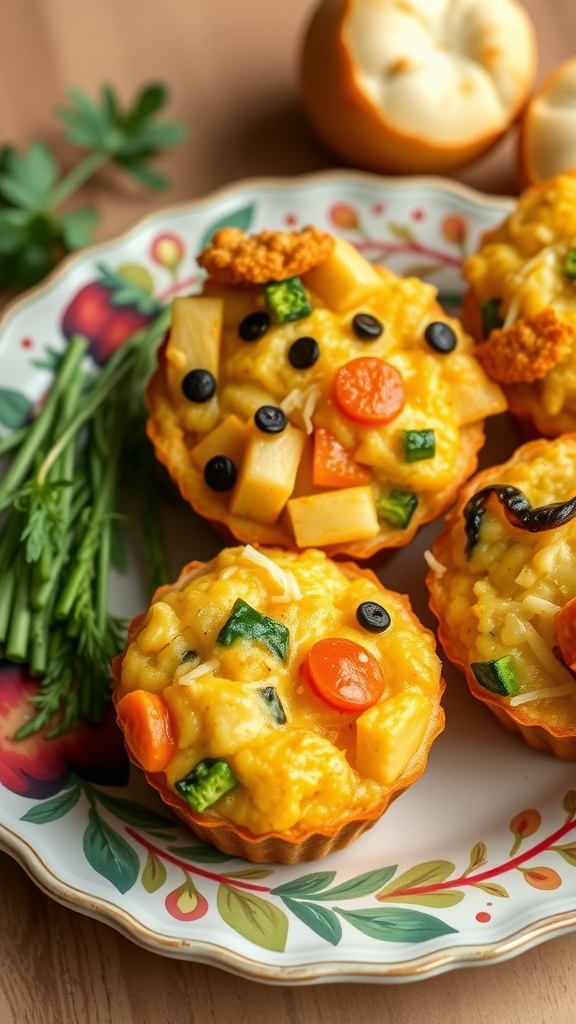 Vegetable and cheese breakfast muffins on a decorative plate