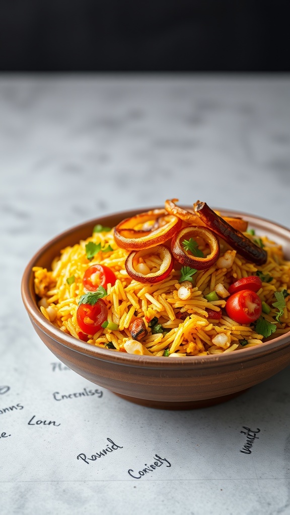 A bowl of Vegetable Biryani, a fragrant Indian rice dish with mixed vegetables and spices.