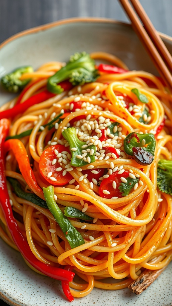 A plate of colorful vegetable fried noodles with sesame seeds