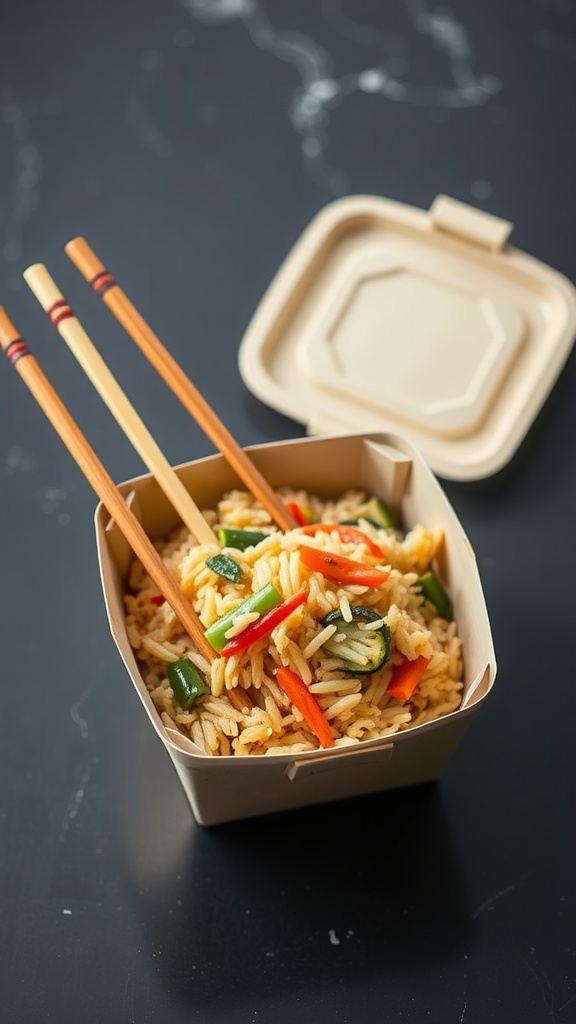 A colorful serving of vegetable fried rice in a takeout box with chopsticks.