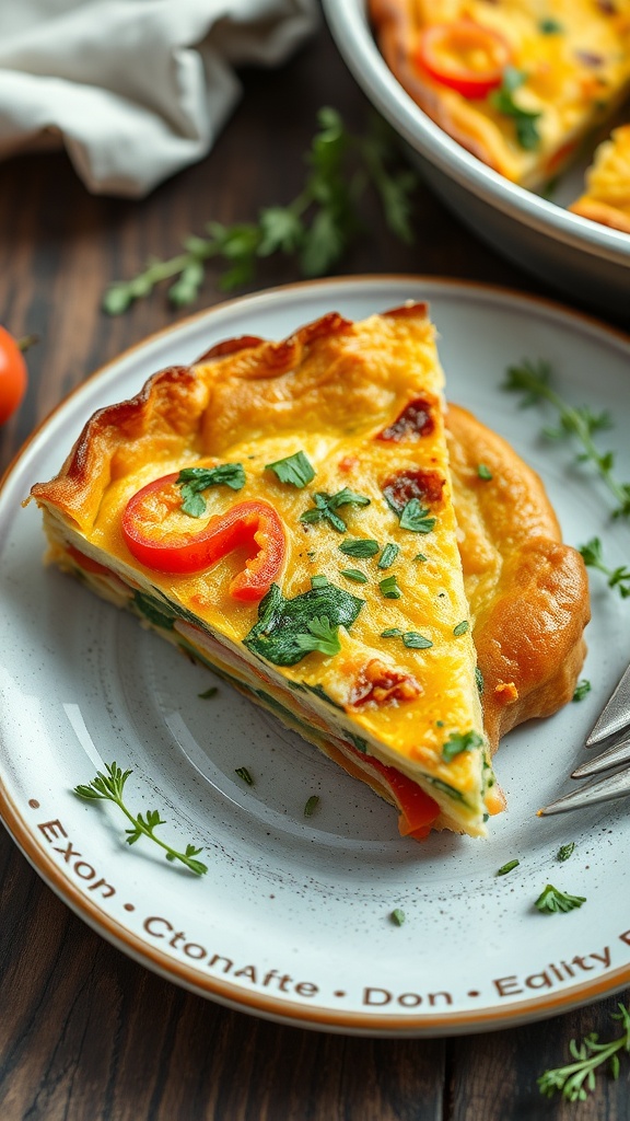 A slice of vegetable frittata on a plate garnished with fresh herbs and bell peppers.