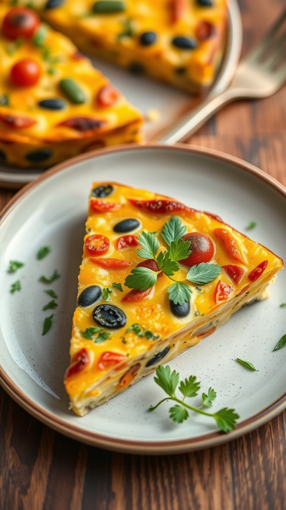 A slice of vegetable frittata with colorful ingredients on a plate.