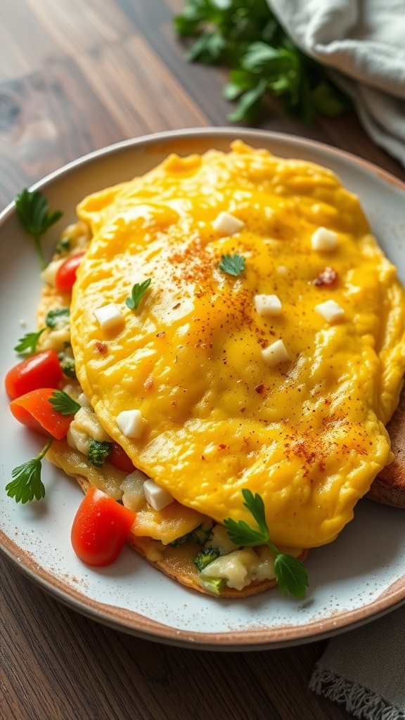 A delicious vegetable omelette topped with cheese, served on a plate with fresh herbs.