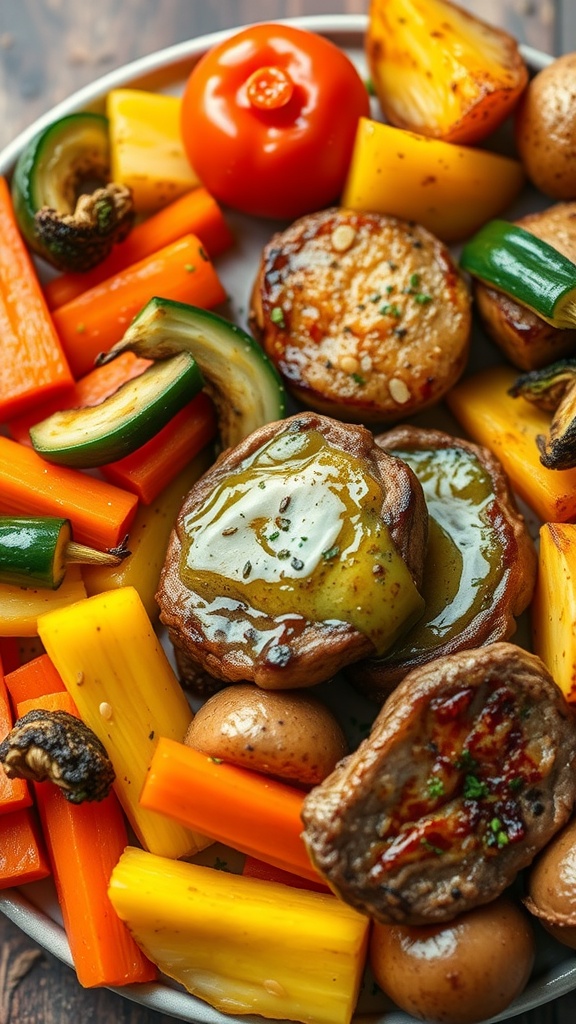 Colorful plate of garlic butter steak bites with roasted potatoes and mixed vegetables.