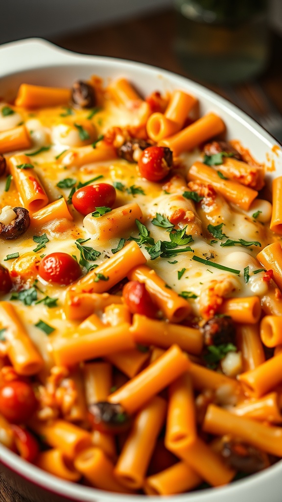 A delicious Vegetable Pasta Bake with cherry tomatoes, zucchini, and melted cheese.