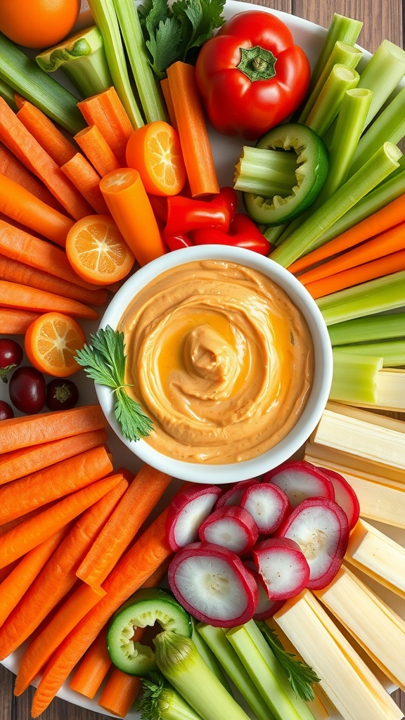 A colorful vegetable platter with a variety of fresh veggies and a bowl of hummus dip.