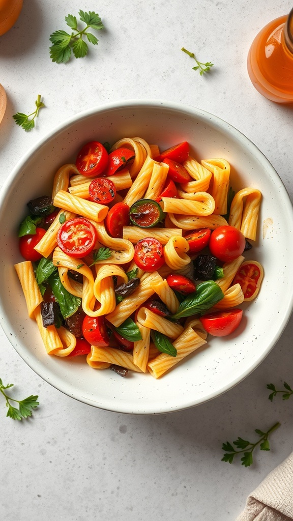 A colorful bowl of Vegetable Primavera pasta with cherry tomatoes, zucchini, and basil.