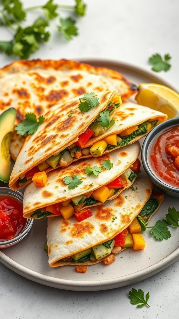 Delicious vegetable quesadillas with colorful fillings and served with salsa and lime.