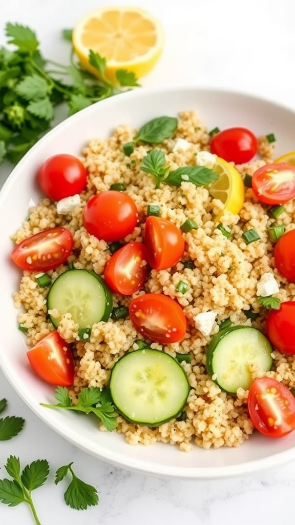 A fresh vegetable quinoa salad with tomatoes, cucumbers, and feta cheese.