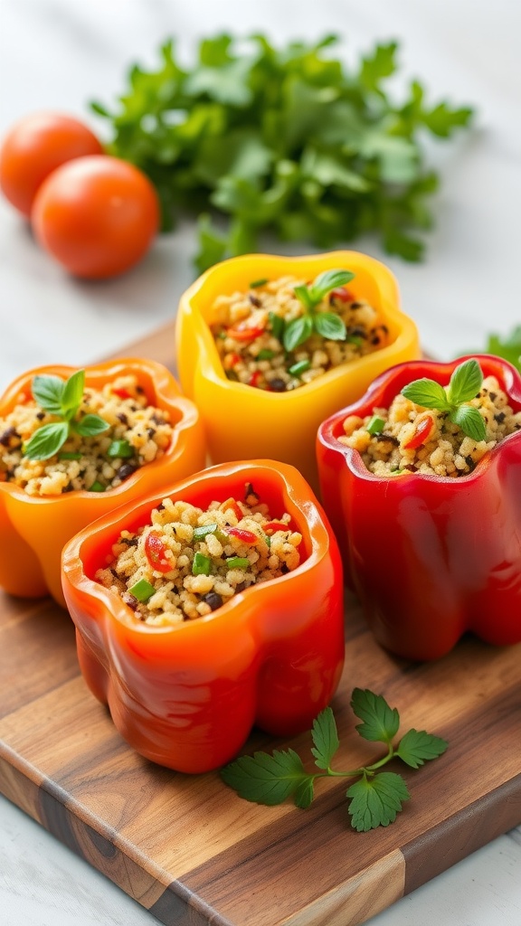 Colorful stuffed bell peppers filled with quinoa and vegetables