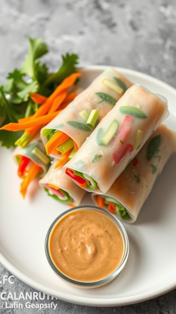 Fresh vegetable spring rolls with a dipping sauce, showcasing colorful ingredients.