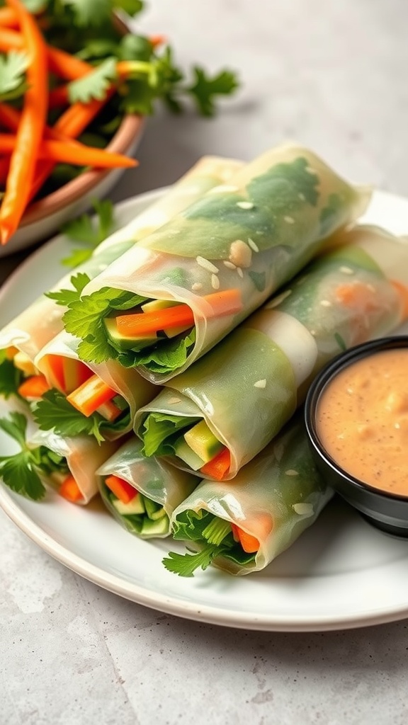 Fresh vegetable spring rolls on a plate with peanut dipping sauce.