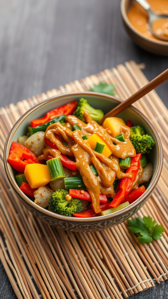 A bowl of colorful vegetable stir-fry with peanut sauce, served on a bamboo mat.