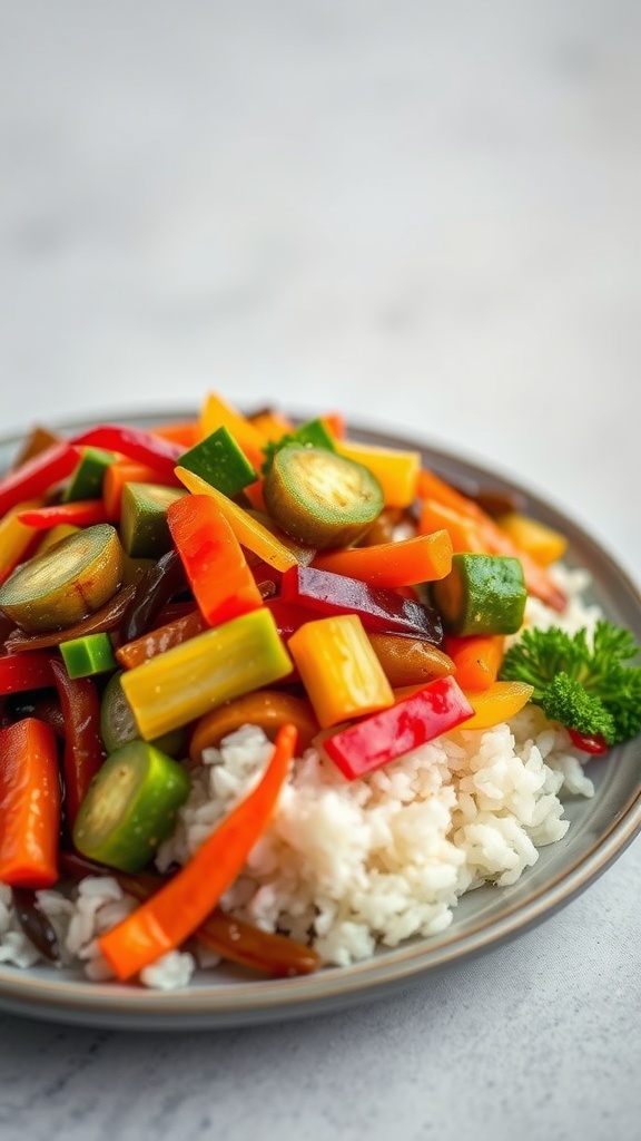 A colorful vegetable stir-fry with rice on a plate