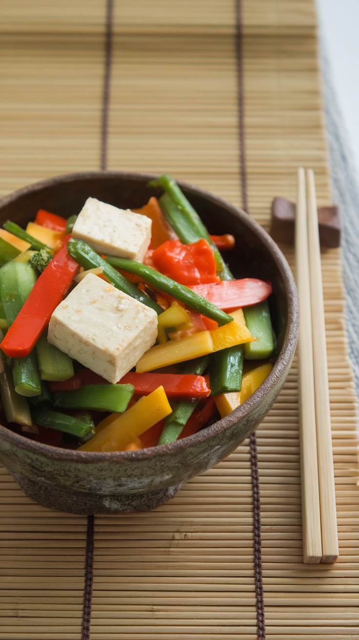 A bowl of colorful vegetable stir-fry with tofu.