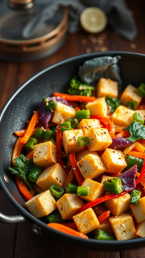A colorful vegetable stir-fry with tofu, featuring bright peppers and fresh greens in a skillet.