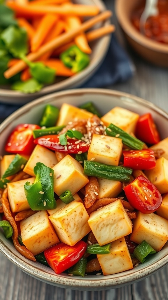 A colorful vegetable stir-fry with tofu, featuring fresh vegetables like broccoli, bell pepper, and snap peas.
