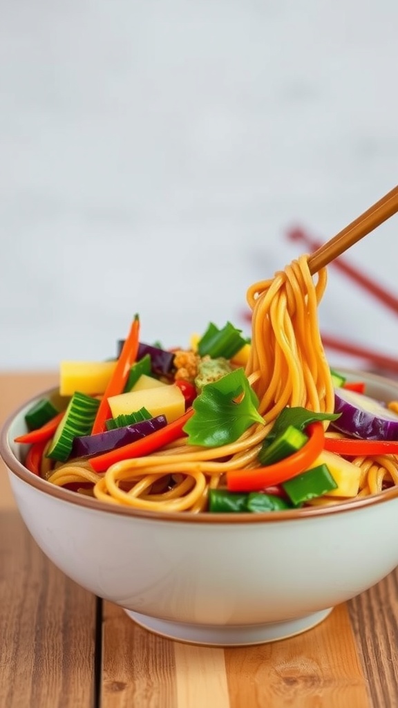 A bowl of vegetable stir fry with noodles, featuring colorful vegetables and chopsticks.