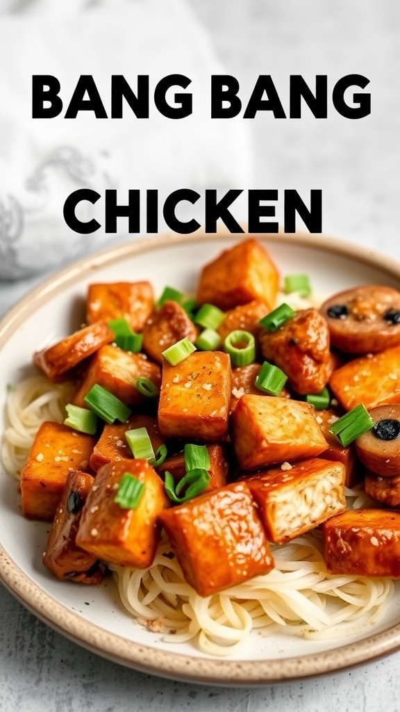 Vegetarian version of Bang Bang Chicken using crispy tofu topped with green onions