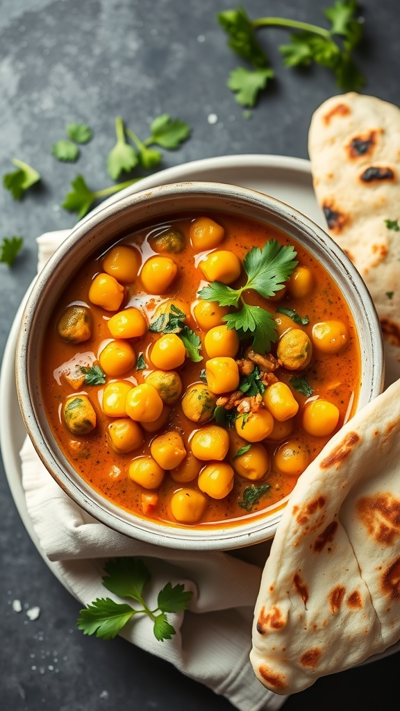 A bowl of flavorful chickpea curry served with naan and garnished with cilantro.