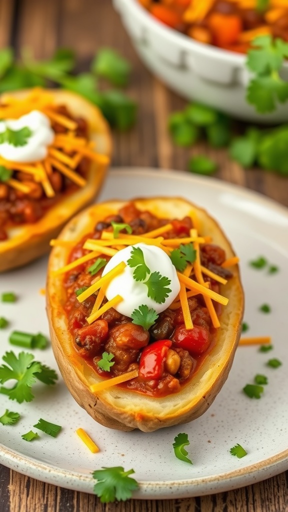 Delicious vegetarian chili stuffed potato skins with cheese and garnishes.