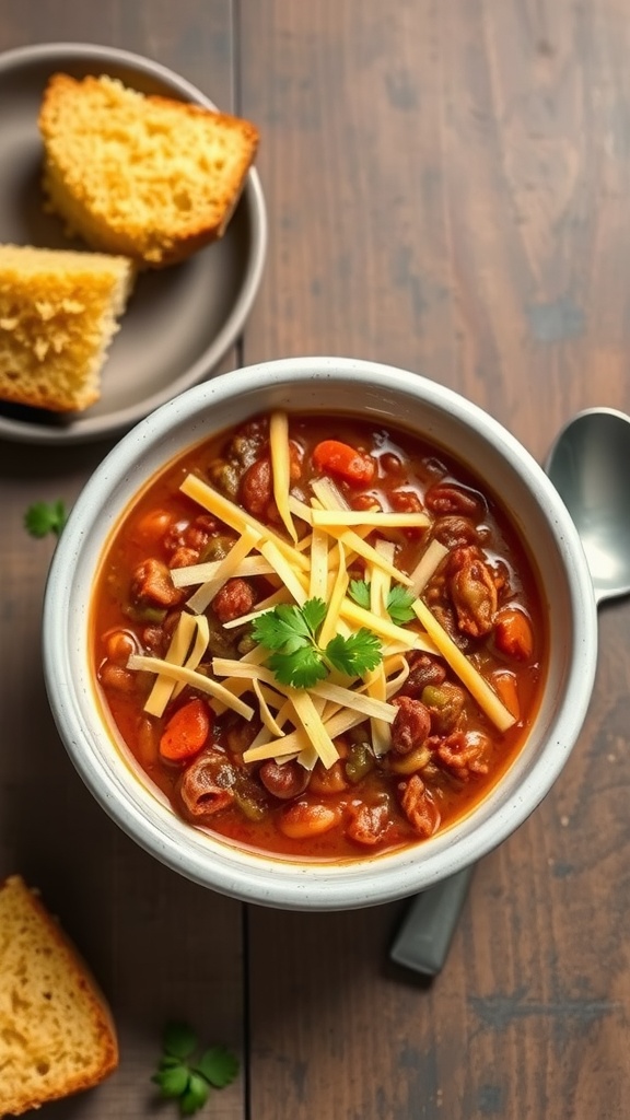 A bowl of hearty vegetarian chili topped with cheese and cilantro, served with cornbread