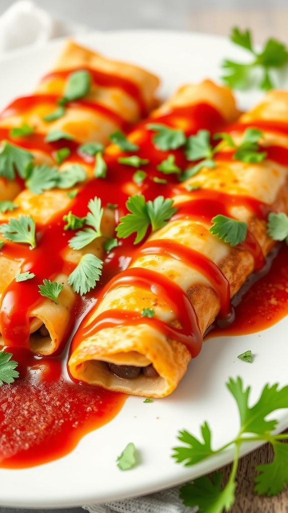 Vegetarian enchiladas topped with sauce and cilantro on a plate.