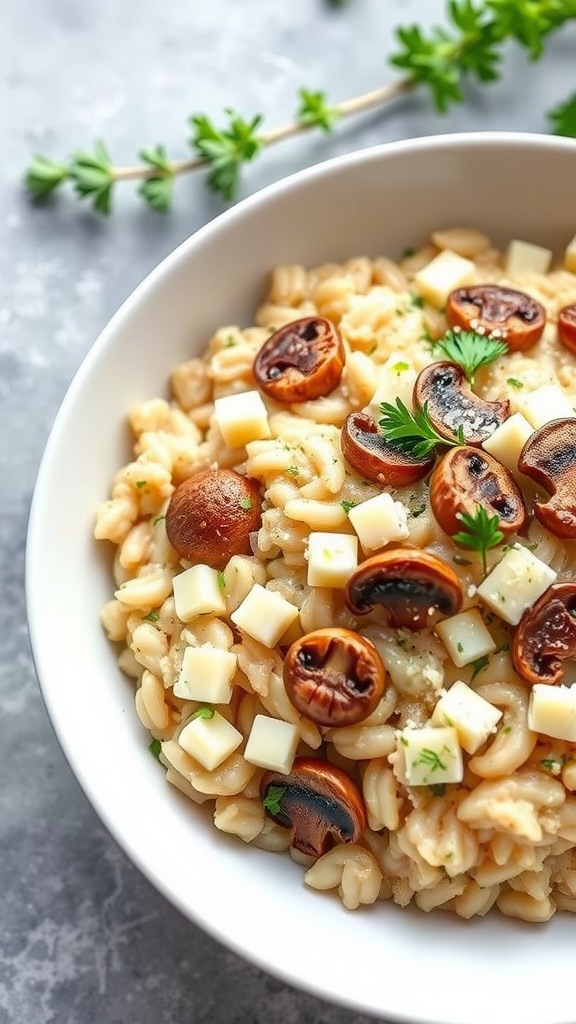 A bowl of creamy vegetarian mushroom risotto topped with mushrooms and cheese.