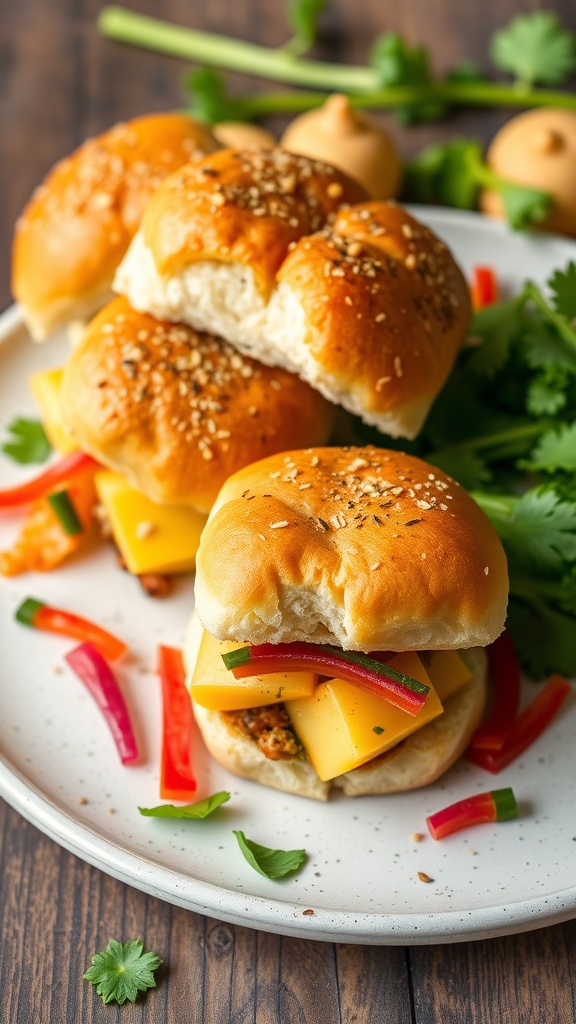 A plate of cheese and veggie sliders with colorful vegetables and golden brown rolls.