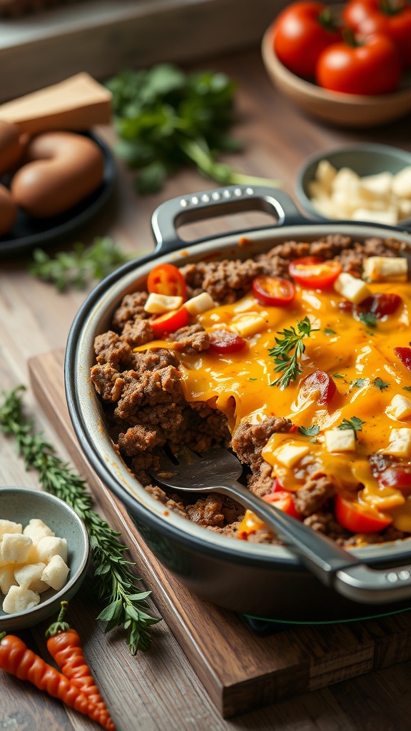 Vegetarian hobo casserole with lentils and vegetables topped with cheese.