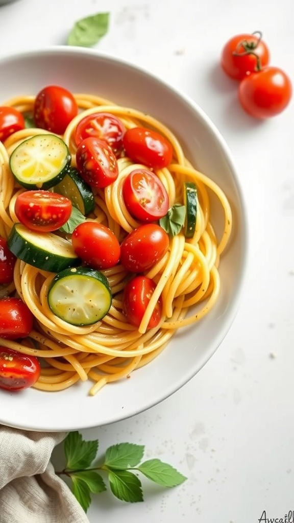 A bowl of vegetarian pesto pasta with cherry tomatoes and zucchini.