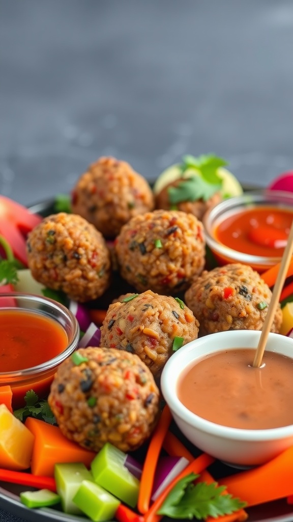 Vegetarian sausage balls served with dipping sauces and fresh vegetables