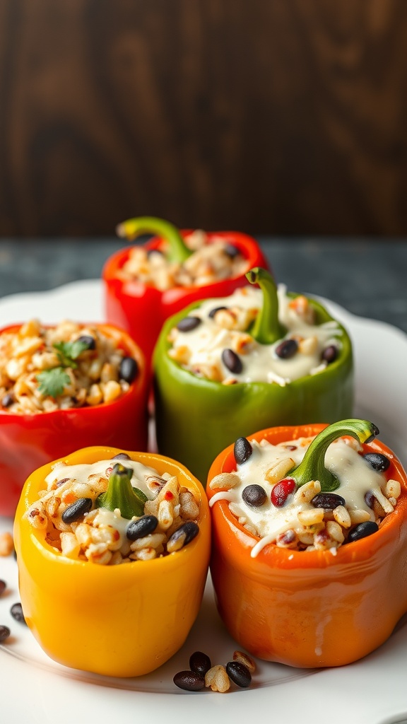 Colorful vegetarian stuffed peppers filled with rice, beans, and cheese.