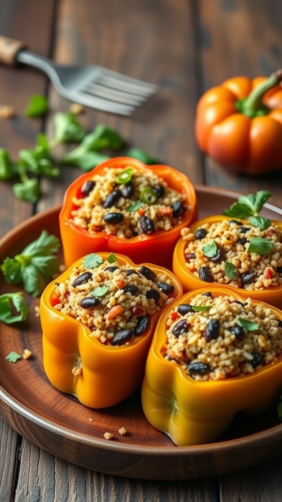 Vegetarian stuffed peppers filled with quinoa, black beans, and colorful vegetables.