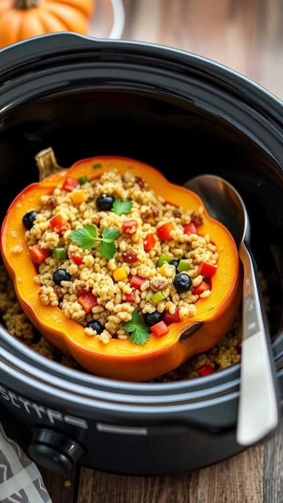 A vibrant dish of vegetarian stuffed acorn squash in a crockpot.