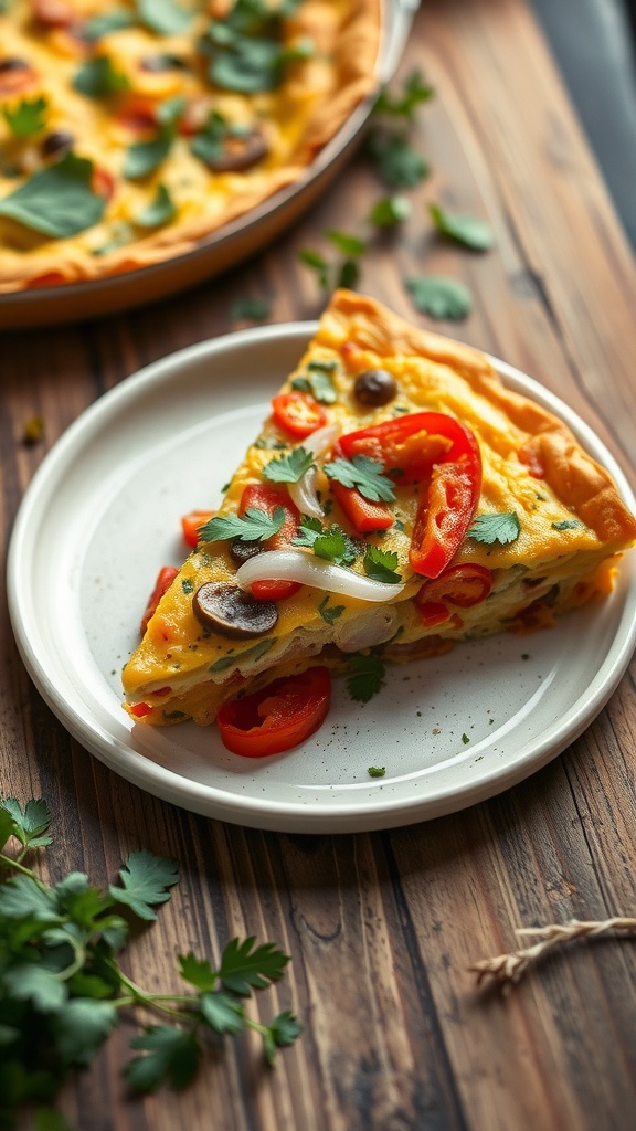 A slice of veggie frittata topped with bell peppers and garnished with herbs.