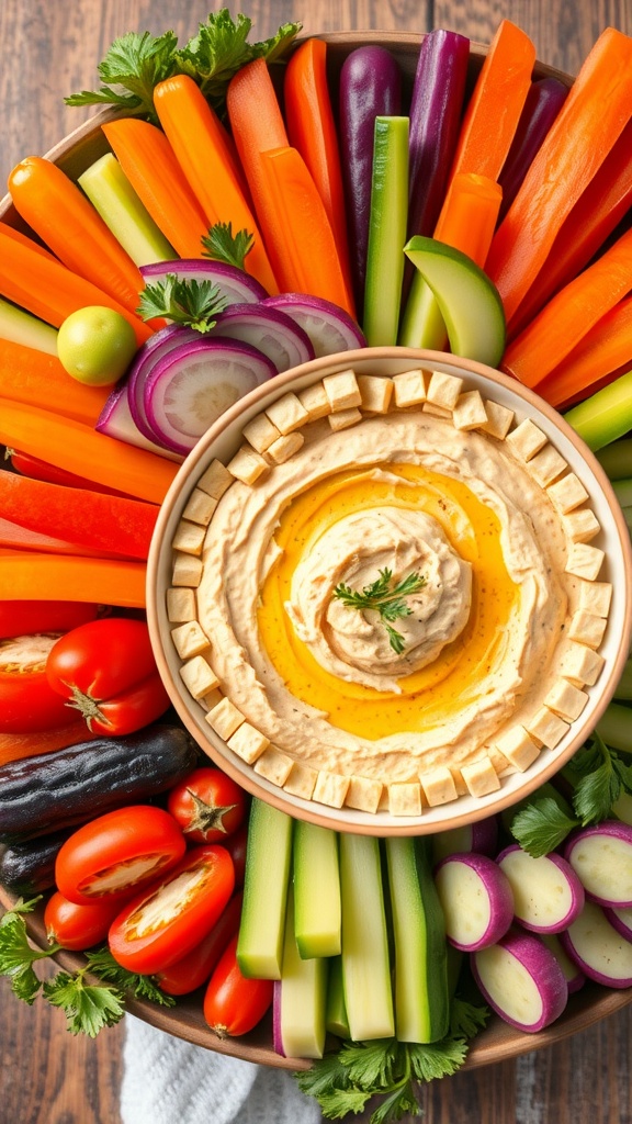 A colorful veggie platter featuring a variety of fresh vegetables and a bowl of hummus in the center.